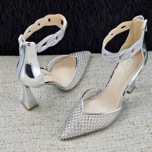 Betsey Johnson Women Heel Sandal JAD Silver RHINESTONE Bridal Shoe Size 8.5M - Picture 2 of 10